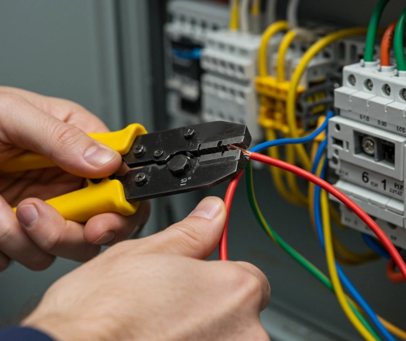 Electrician inspecting and fixing fire and safety concerns in an electrical panel.