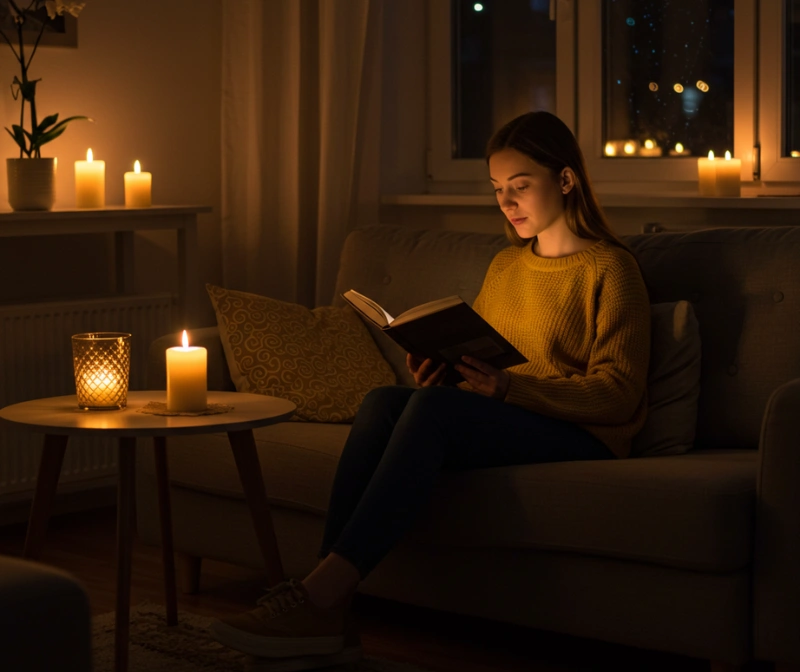 Woman sitting on a couch in a dimly lit room, reading with candles placed on a table.