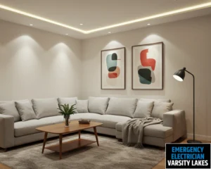 Cozy living room with ambient lighting along the ceiling, comfortable sofa, and a coffee table.