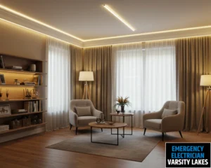 Living room with contemporary furniture, ambient lighting, and large windows with natural light.